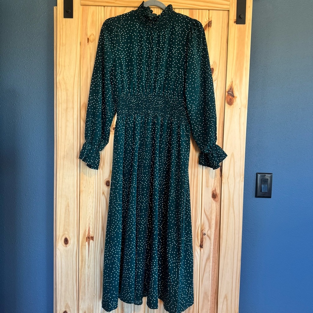 Green & White Long Sleeve High Neck Polka Dot Dress Size Large - Picture 11 of 12